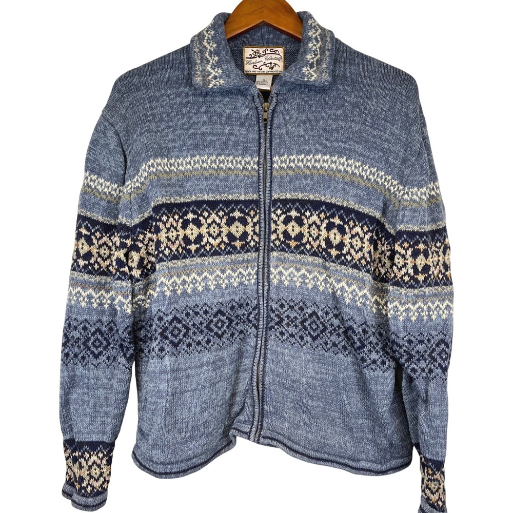 Vintage Heirloom Collectibles Womens XL Blue Fair Isle Full Zip Cardigan Sweater